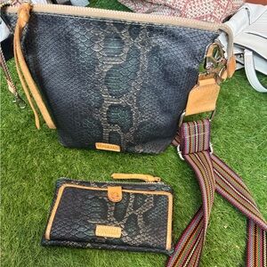 Consuela Black and Tan Crossbody Bag with Geometric Pattern